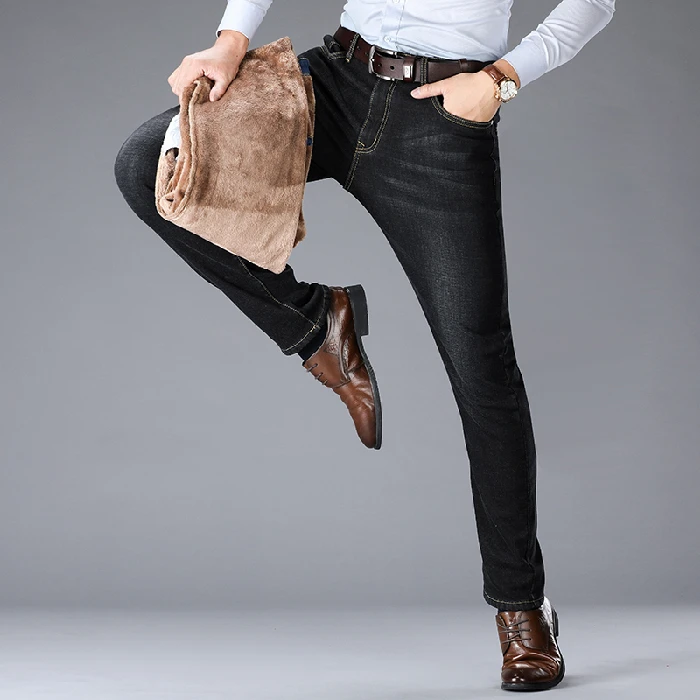 Jeans men straight autumn and winter business casual stretch slim jeans men's trousers plus velvet thickening | Мужская одежда