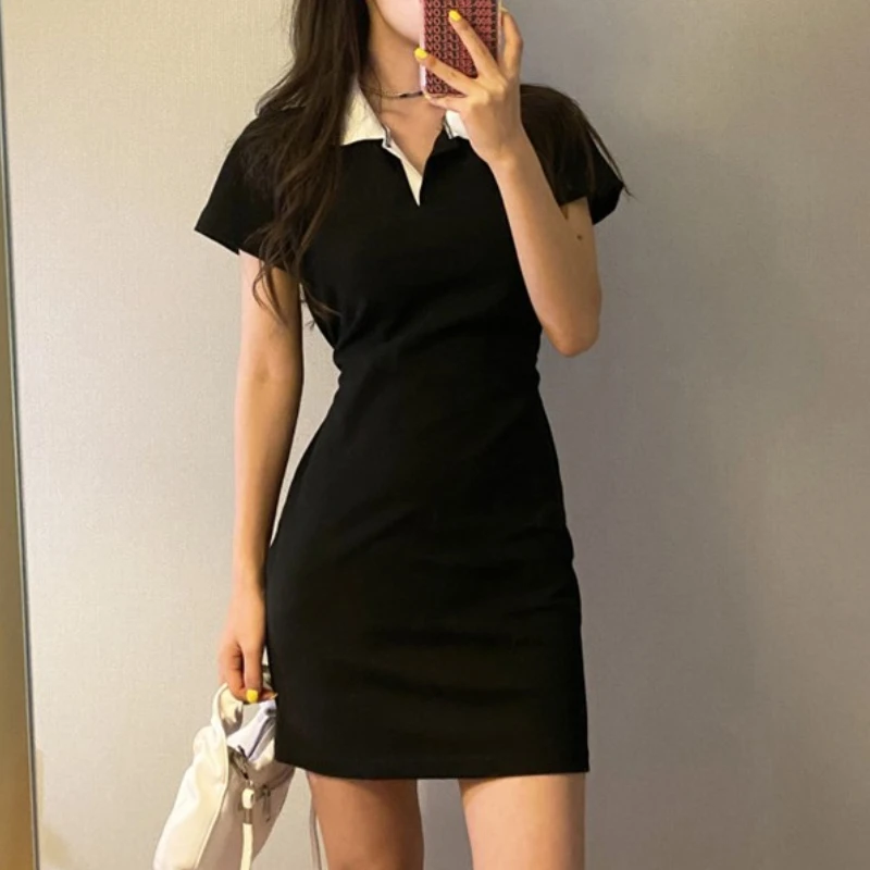 

Women Summer Short Sleeve A-Line Mini Shirt Dress Fashion Korean Slim Bodycon Solid Vestido Femme Sexy Elegant Outwear Dress