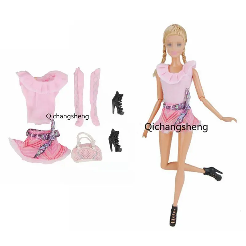 

1/6 Cosplay Pink Ruffled Shirt Outfits Set For Barbie Doll Clothes Top Skirt Socks Shoes bag 30cm BJD Accessories Kids Toys Gift
