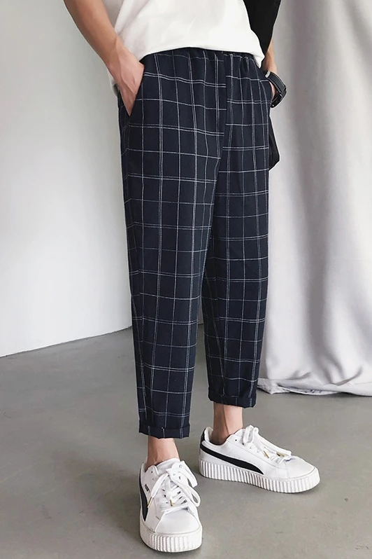 Мужские летние брюки до щиколотки повседневные клетчатые брюки-карандаш в