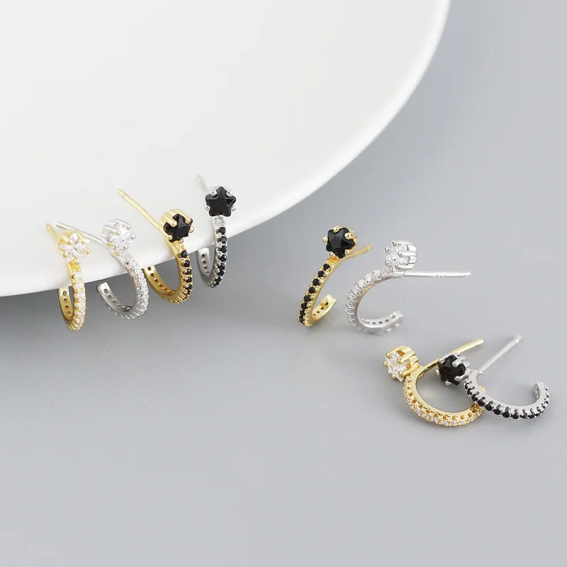 

WOOZU Fashion Korean Genuine 925 Sterling Silver Pave Black Star Zircon Hoop Earrings for Women Chic Letter C Earrings Jewelry