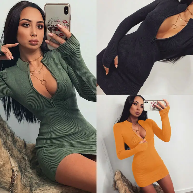 

Fashion Women Spring Zip Up Sweater Dress Ladies Bodycon Long Sleeve Knitted Sweaters Slim Mini Dresses