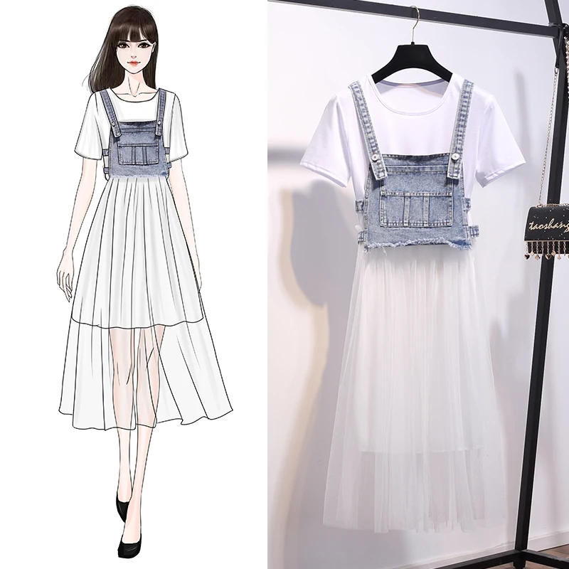 Женская длинная футболка Сетчатое платье + джинсовый топ комплект из двух