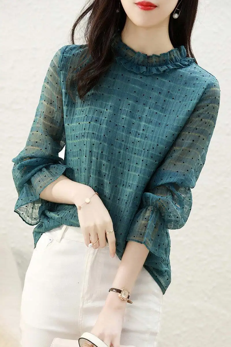 

2021 Spring dress texture through thin fake two small shirts korean fashion clothing plus size clothes O-Neck Streetwear