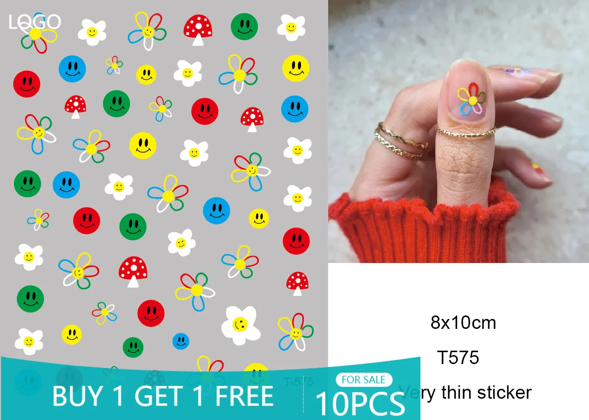 

10PCS New Pink Flame Demon Eye Nail Sticker Smiley Flower Art Pattern Nail Slider Nail Sticker Decoration