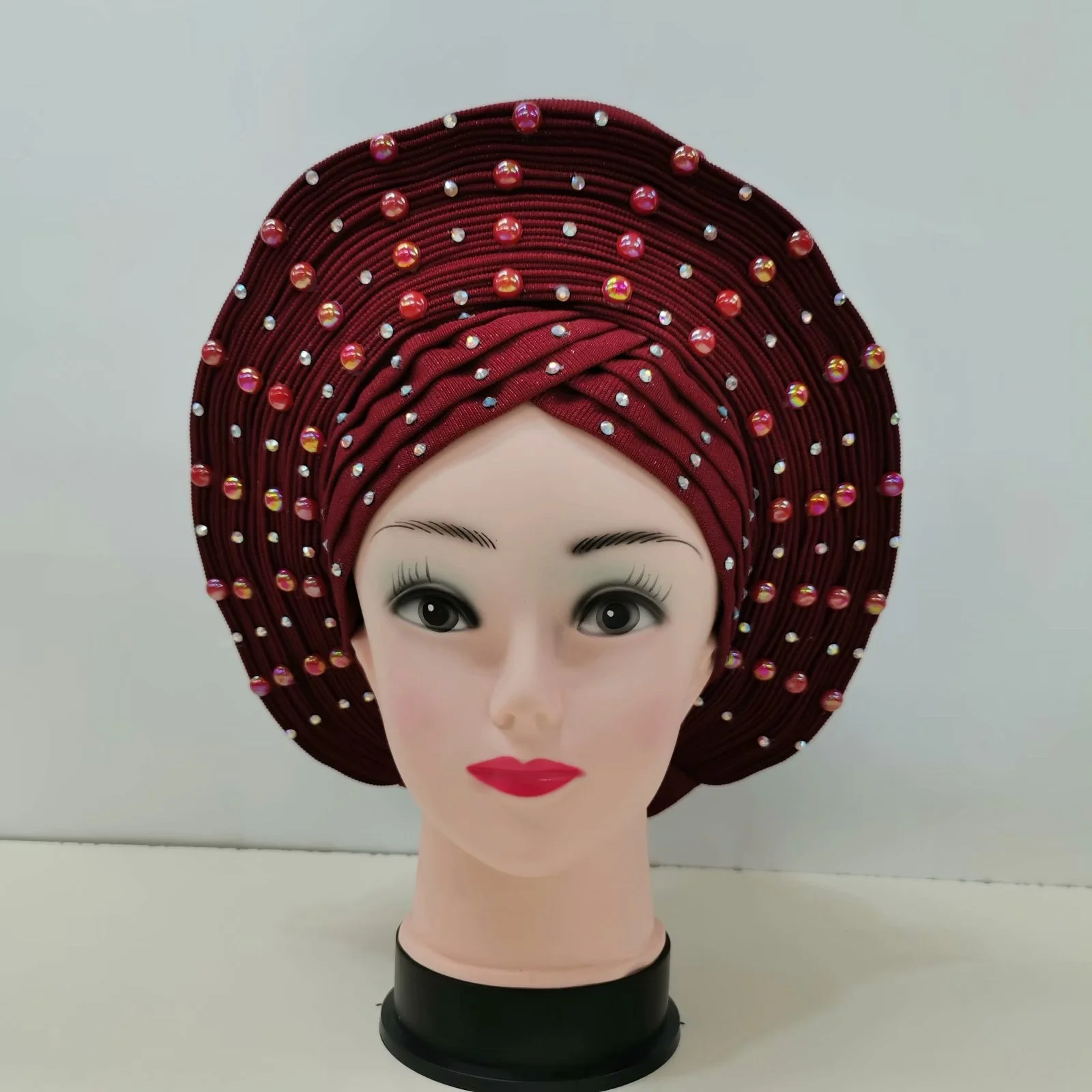 

Best Selling Nigerian Gele Headtie Aso Oke Gele Already Made Auto Gele Aso Ebi Headtie African Turban Cap With Colorful Beads