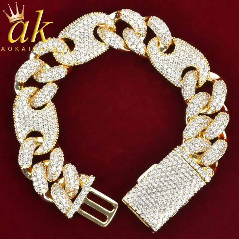 

Aokaishen Men Bracelet Iced Out Cuban Link Charms Bling Real Gold Plated Hip Hop Jewelry 2022 Trend Free Shipping
