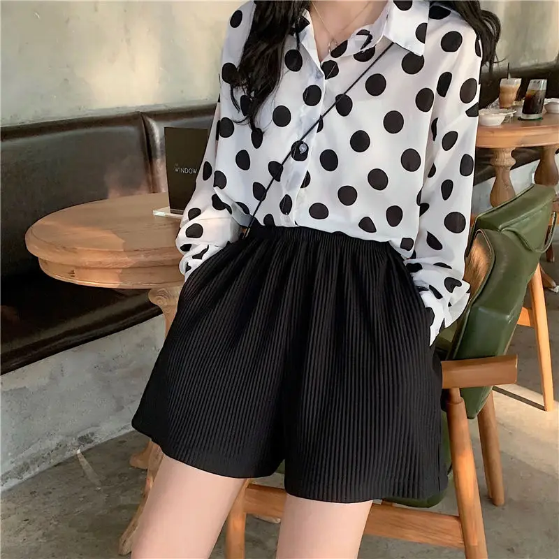 

Shorts Women Pleated Wide Leg Loose Korean Style New Elastic Waist Fashion Breathable Thin Summer Short Vintage All-match Womens