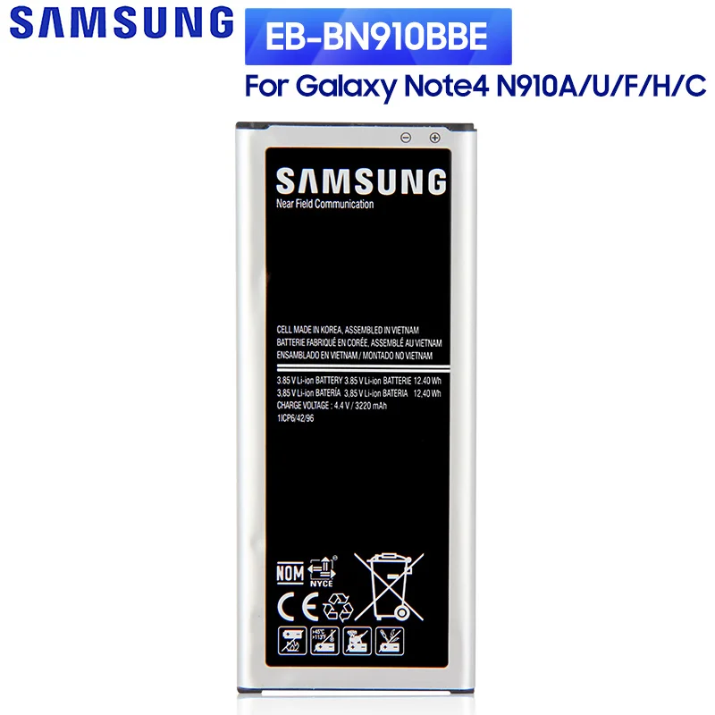 

Аккумулятор Samsung EB-BN910BBE EB-BN910BBC EB-BN910BBU для Samsung GALAXY NOTE4, N910A, N910U, N910F, N910H, V, C, NOTE 4, 3220 мА · ч