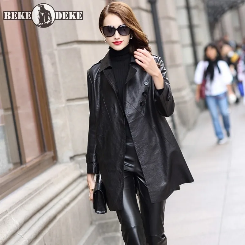 Женский Длинный Тренч из натуральной овечьей кожи элегантный приталенный жакет