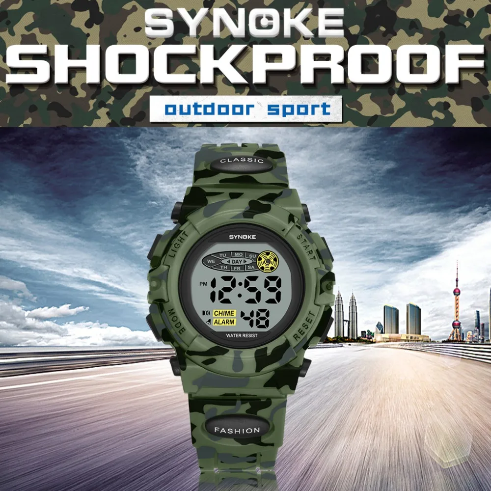 SYNOKE Sports Military Kids Digital Watches Student Children's Watch Fashion Luminous Led Alarm Camouflage Green Boy Clock