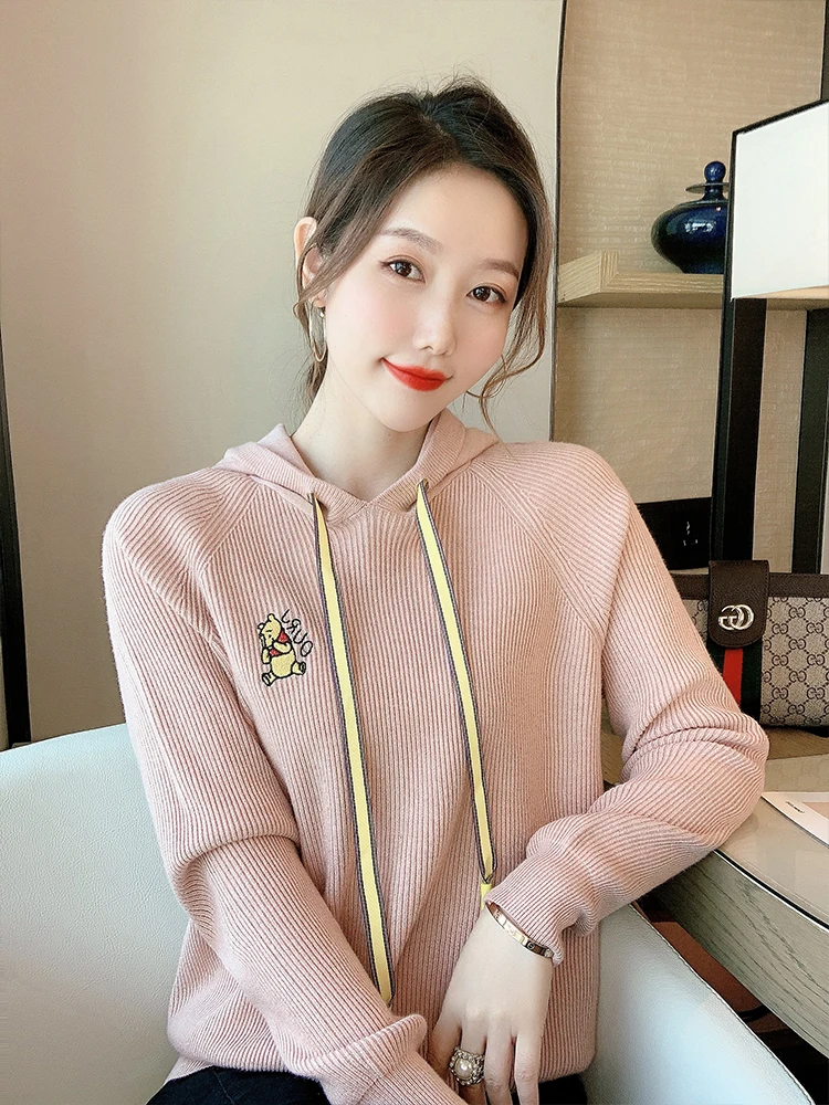 

Cartoon embroidered hooded T-shirt autumn new style women's sweater loose wear Slouchy wind bottomed Shirt Top Women