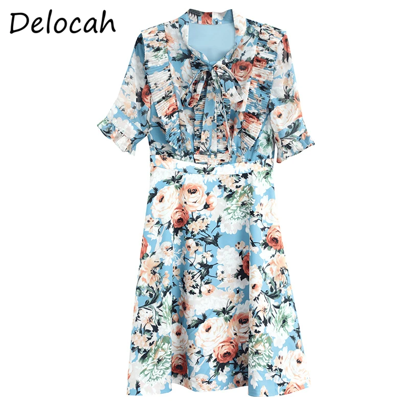 

Delocah Summer Women FashionDesigner A-Line Dress Bow Tie Button Draped Rose Floral Print Female Party Short Dresses vestidos