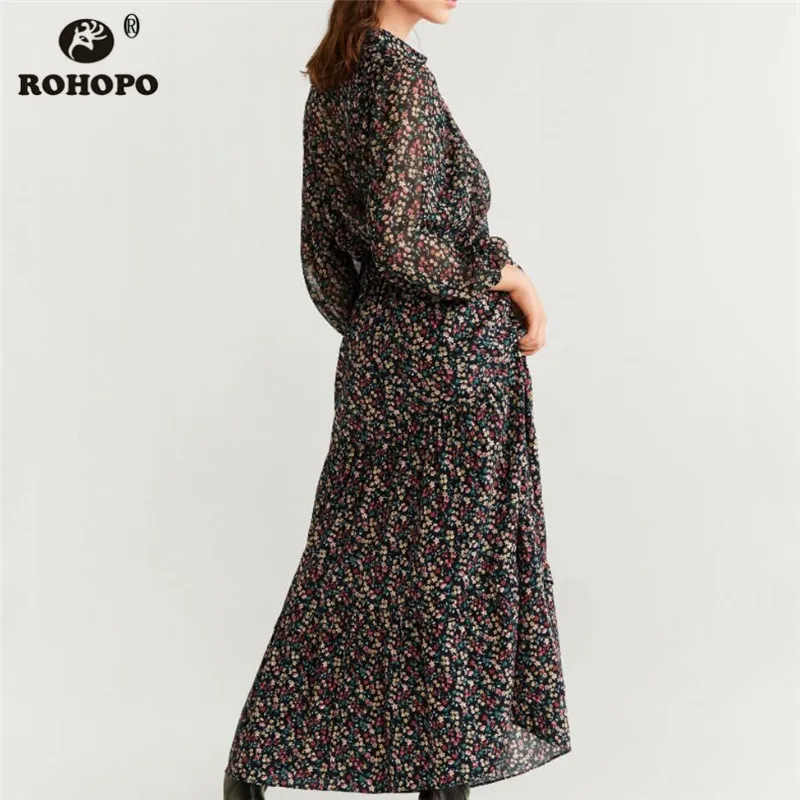 ROHOPO отложной воротник цветочный принт блузка миди платье с длинным рукавом