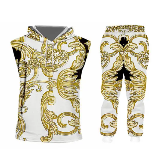 Hoodie Tank set Барокко 3d мужские спортивные костюмы наборы роскошный дворец золотой цветок печати на молнии с капюшоном тренировочные брюки комплект из 2 предметов на заказ одежда унисекс - Цвет: Hoodie Tank set