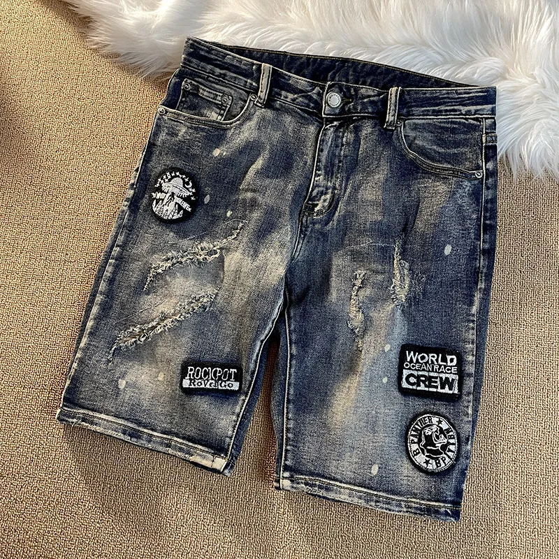 

New Men's Denim Shorts Summer Ripped Pants Printed Korean Version of The Trend of Self-cultivation All-match Knee Length Pants