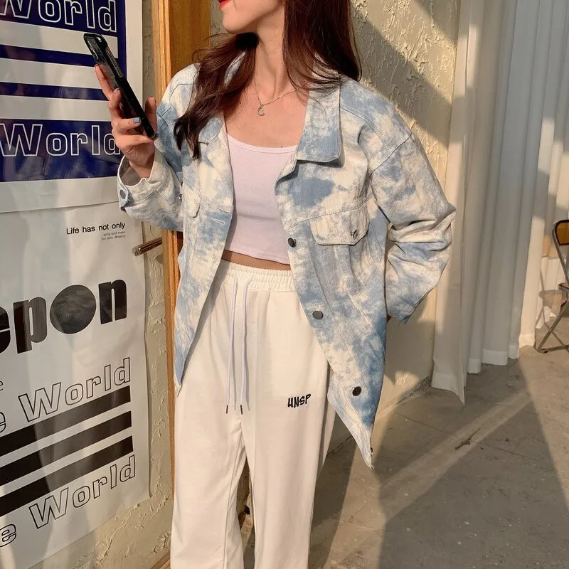 

Spring Autumn Tie Dye Denim Short Coat Women Clothes Korean Casual Vintage Jeans Jacket Female Streetwear Loose Outerwear H1418
