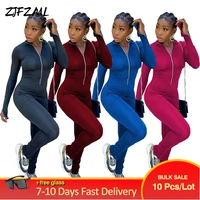 bulk items wholesale lots fitness one piece jumpsuit for women zipper front full sleeve romper autumn sporty ruched long outfits