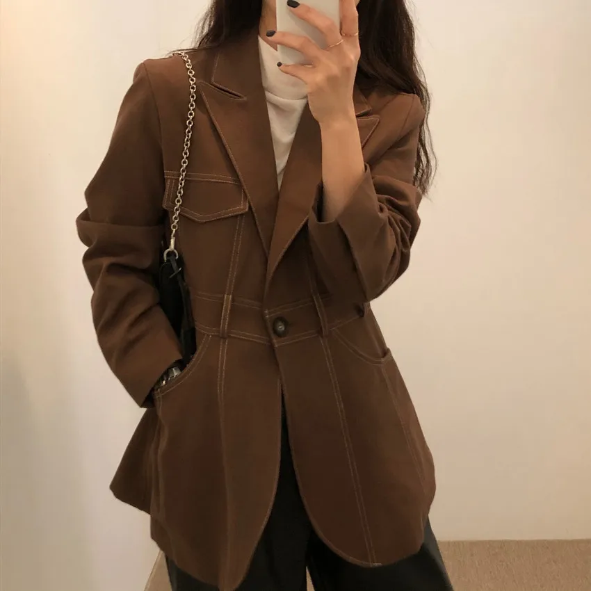 

HziriP OL Elegant Vintage Bright Line Blazer Jacket 2021 New Spring Autumn Notched Single Button Women Blazers Loose Suit Coat