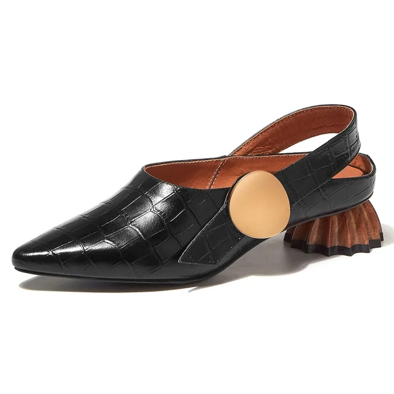 

New Special Heel Fashion Retro Genuine Leather Women Pumps Brand Spring Summer Med Heels Pointed Toe Black Brown Dress Sandals