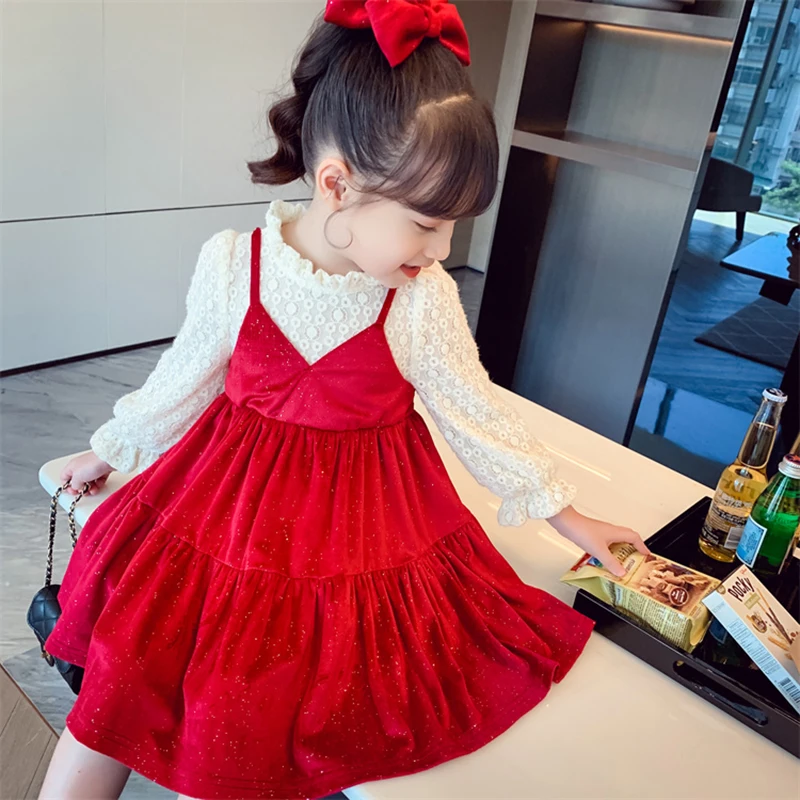 

Вечерние платья для девочек с имитацией двух принцесс, Осеннее детское кружевное лоскутное платье в горошек, vestidos, детская модная одежда, Ро...