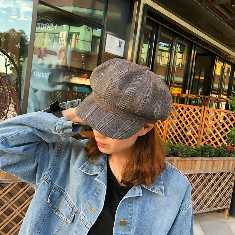 

Newsboy Cap Women Octagonal Hat Fashion Plaid Beret Winter Hats For Women Lady Vintage Bonnet Retro Hats Gorras