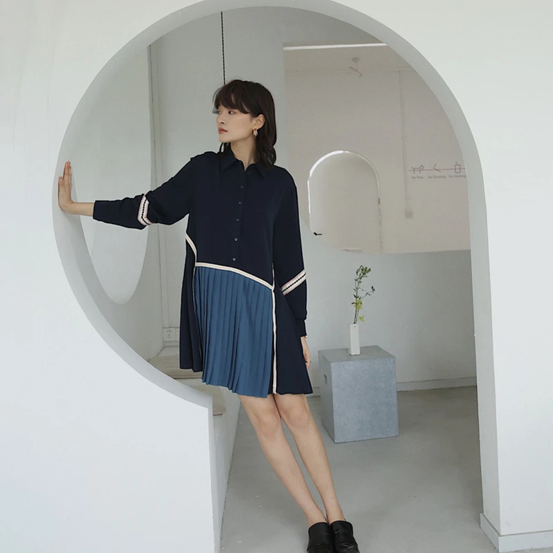 GALCAUR хит разноцветное платье для женщин воротник с лацканами длинный рукав