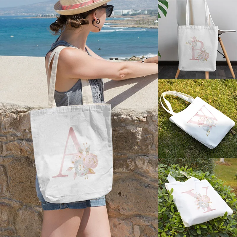 

Холщовые сумки с рисунком розовых букв и цветов, простые многоразовые мешки для хранения книг, вместительные сумки на плечо