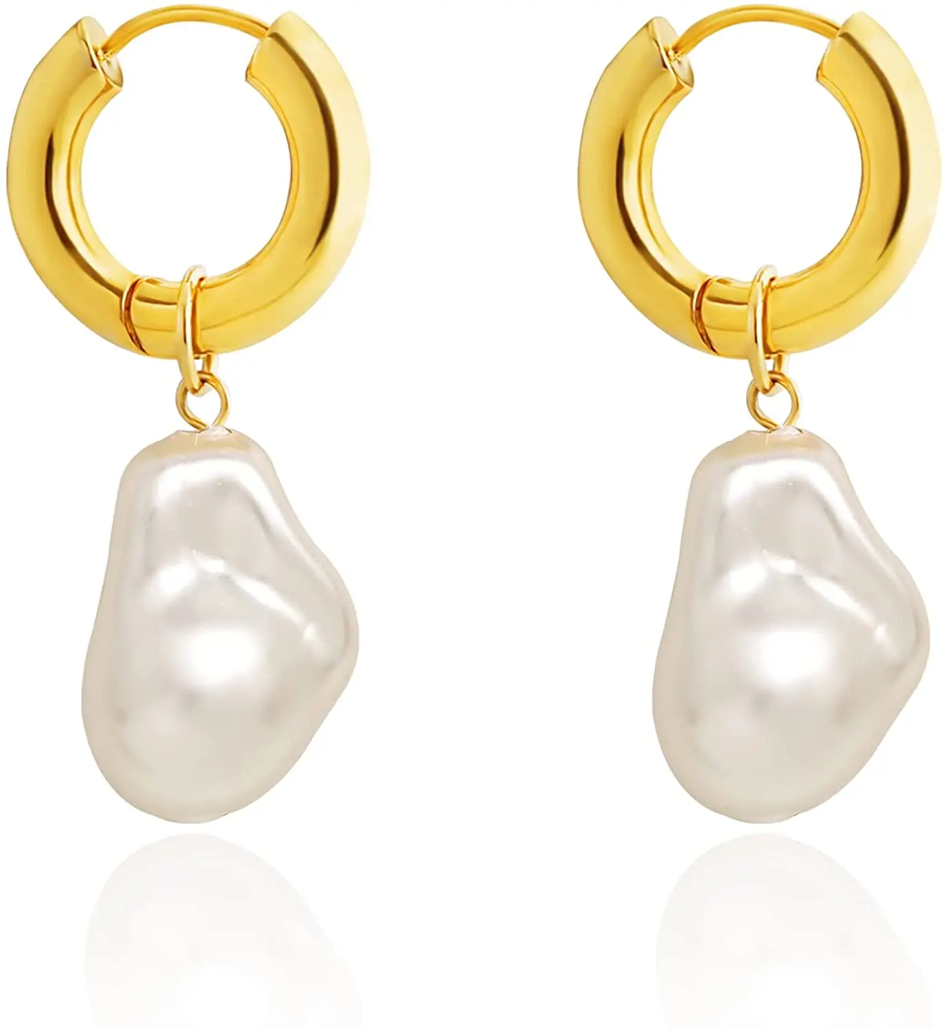 

18k Gold Plated Chunky Hoop Earrings Irregular Baroque Pearl Women Dangle Vintage Graceful Huggie Circle Two Way To Wear Jewelry