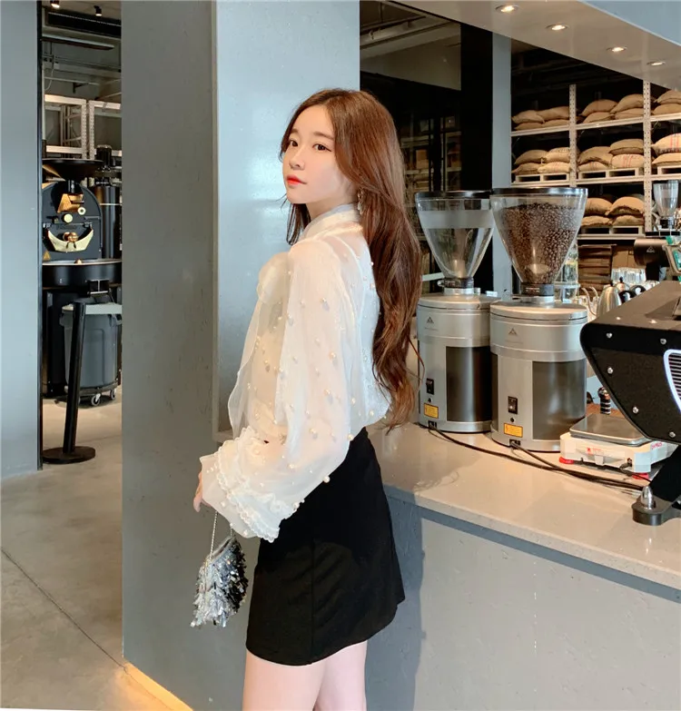 

Perspective Two Pieces Women's Clothing Blouses Beading Chiffon Shirts Spring Autumn Bow Stand Tops Blusas Mujer De Moda New