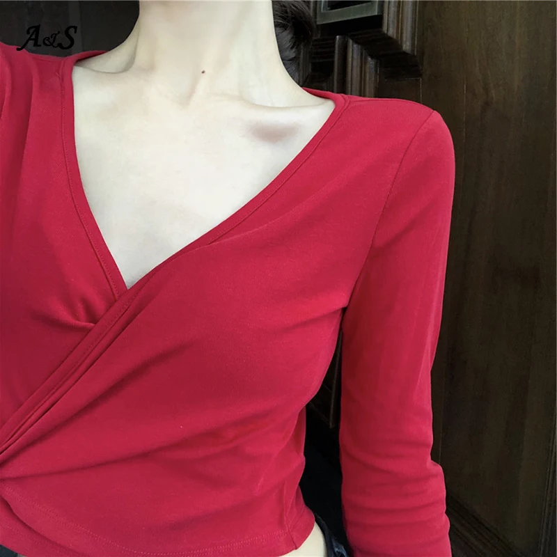 Женская футболка с узлом и V образным вырезом длинным рукавом|Футболки| |