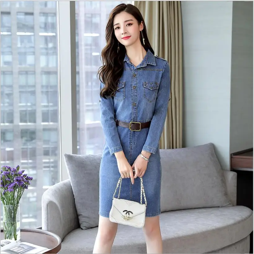 

2021 Spring And Autumn New Long Sleeve Denim Women' Dress Middle Waist And Hips Girls Dresses With Belt 3XL.