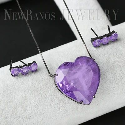 Purple Set 1 Newranos набор ювелирных изделий с сердечком, натуральный камень, ожерелье, серьги, набор модных ювелирных изделий для женщин, модные ювелирные изделия PFX001142 - Окраска металла: Purple Set 1