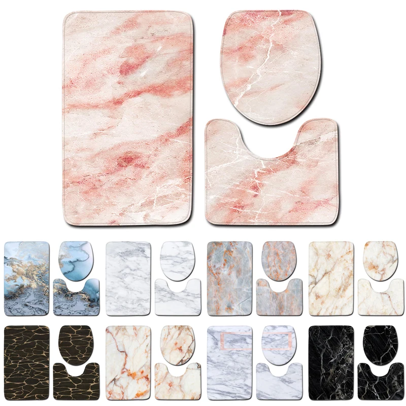 

3pcs Polyester Bathroom Toilet Lid Cover Bath Mat Rug Non - Slip Marble Pattern