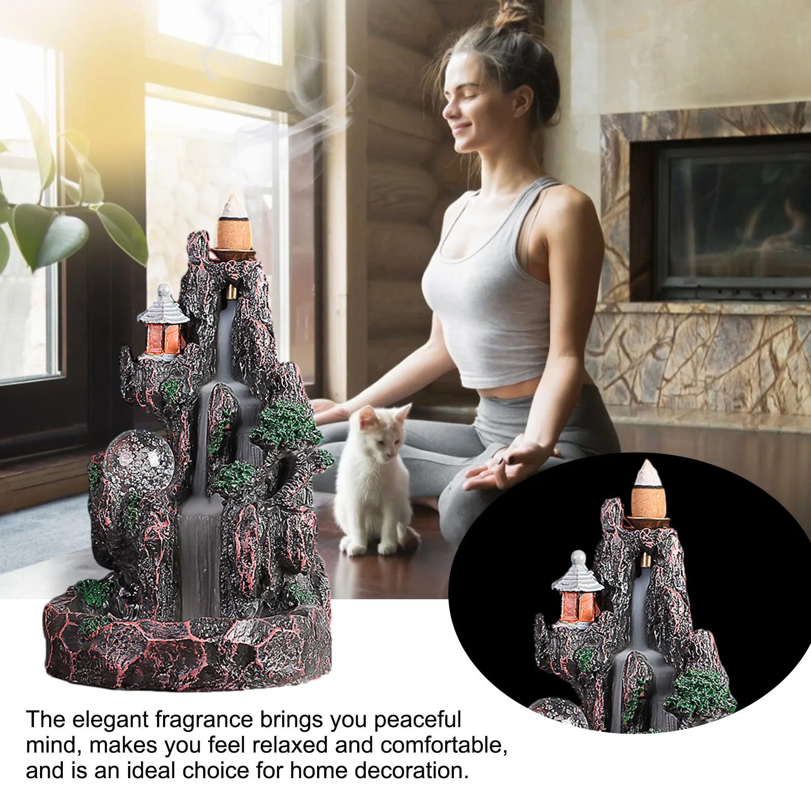 

Resin Backflow Incense Burner Landscape River Home Decor Yoga Meditation Censer Waterfall Incense Burner With 50 Incense Cones
