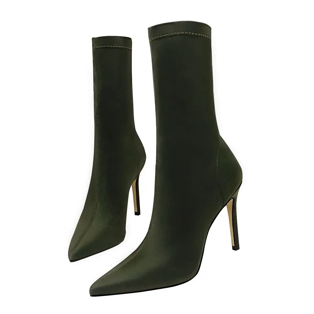 315-1-green EOEODOIT/высокие каблуки-шпильки; женские пикантные туфли с острым носком; туфли-лодочки из лайкры; растягивающиеся ботиночки до середины икры; сезон весна-осень; 9,5 см - Цвет: 315-1-green