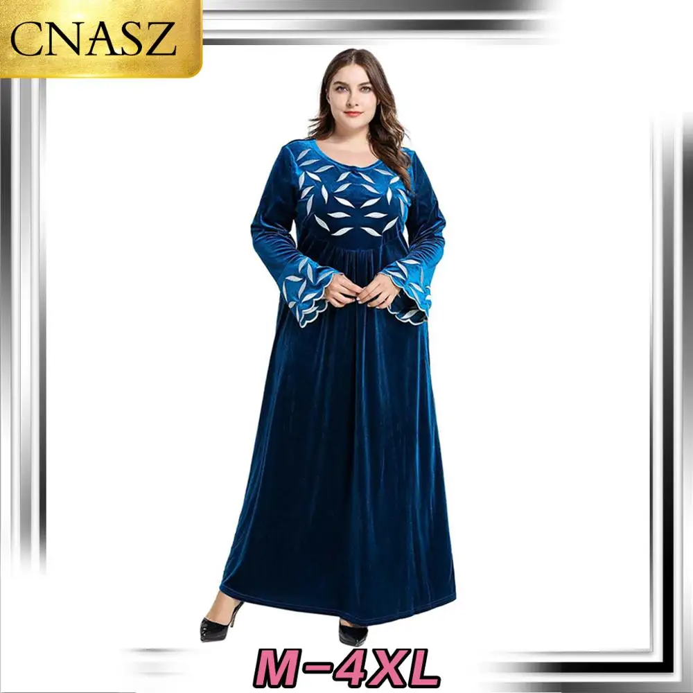 Мусульманское бархатное платье с вышивкой длинными рукавами и круглым вырезом в