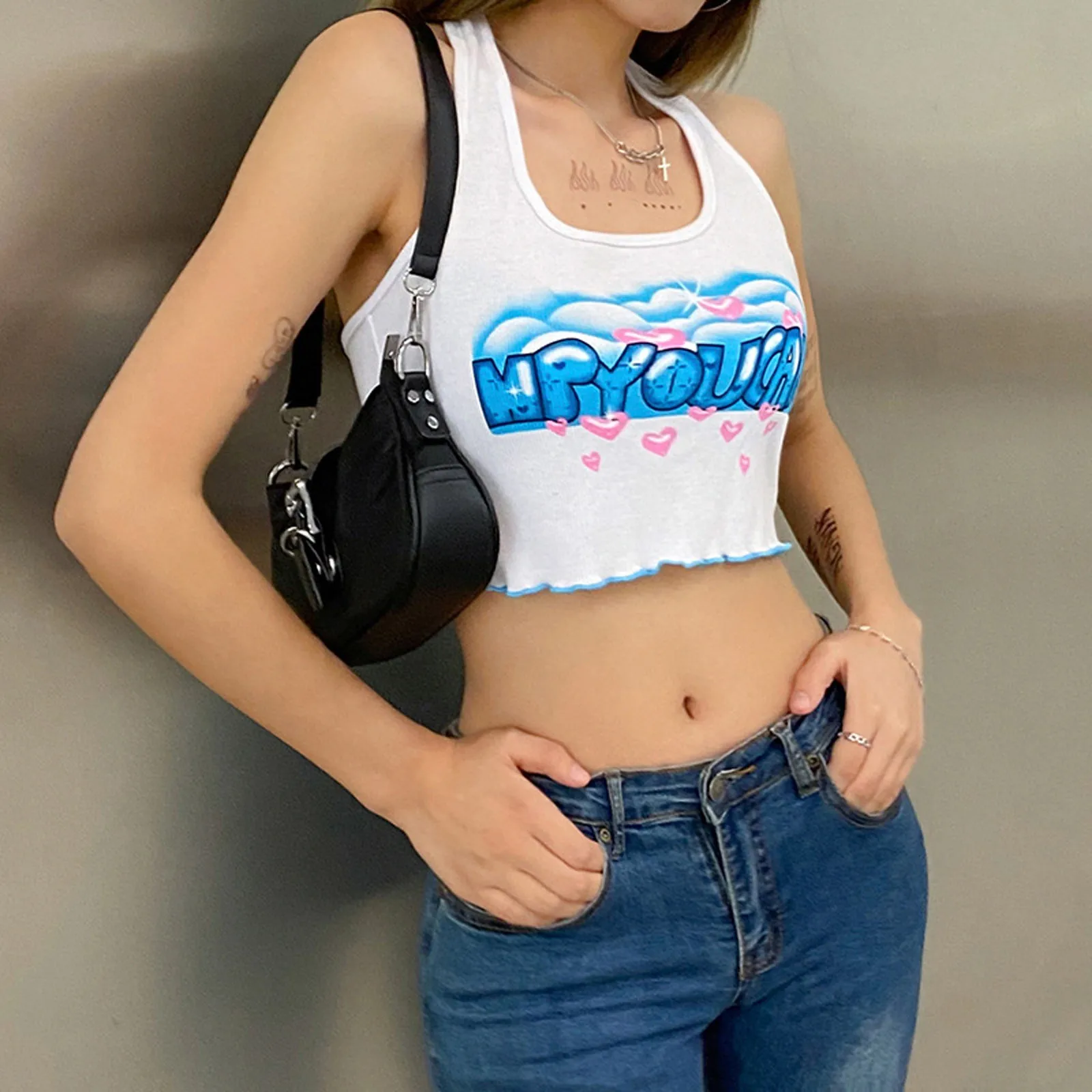 Модная женская майка без рукавов с буквенным принтом оборками топ на бретельках