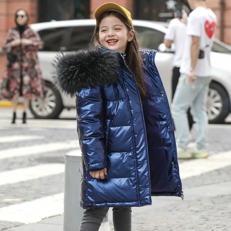 Детский пуховик с меховым капюшоном зимняя куртка для мальчиков и девочек