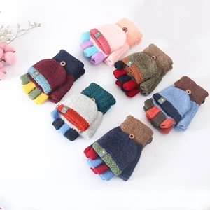 Детские зимние акриловые плотные вязаные теплые рукавицы с откидной крышкой на полпальца с мультяшной собакой перчатки для сенсорного экрана C94