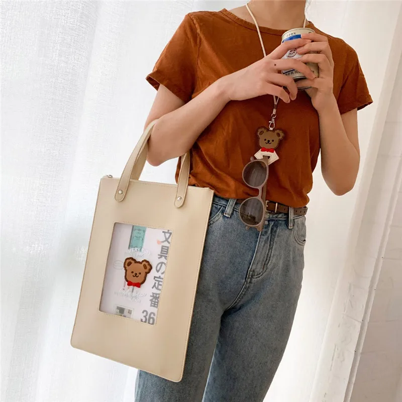 

Milkjoy Cute Mesh Handbag Kawaii Bear Bentoy Tote Large Capacity Transparent A4 Laptop File Storage Bag PU Shouler Bag