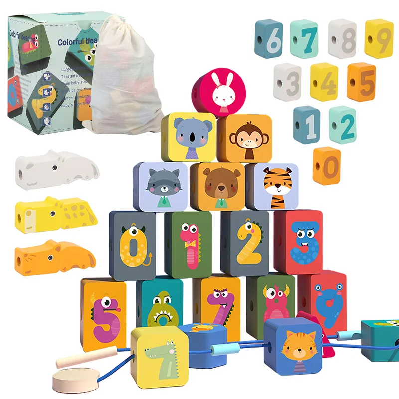 

Montessori Educational Wooden Toys for Kids Animal Building Blocks DIY Digital Threading Beaded Puzzle Game Toys for Children
