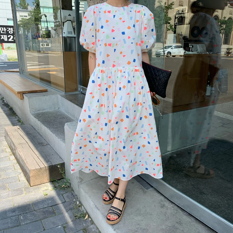 

Color Patchwork woman dress V Neck High Waist Casual holiday dresses for women Puff Sleeves Loose Fit long vestidos 2021