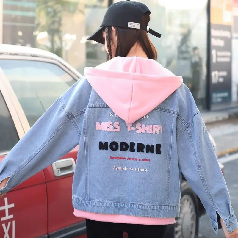 

New Hooded Denim Jacket Women 2022 Spring And Autumn Girl Jean Coat Loose Student Jackets Outerwear Blue