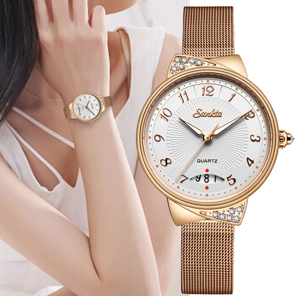 Женские кварцевые часы SUNKTA розовое золото Топ бренд класса люкс для девушек Relogio