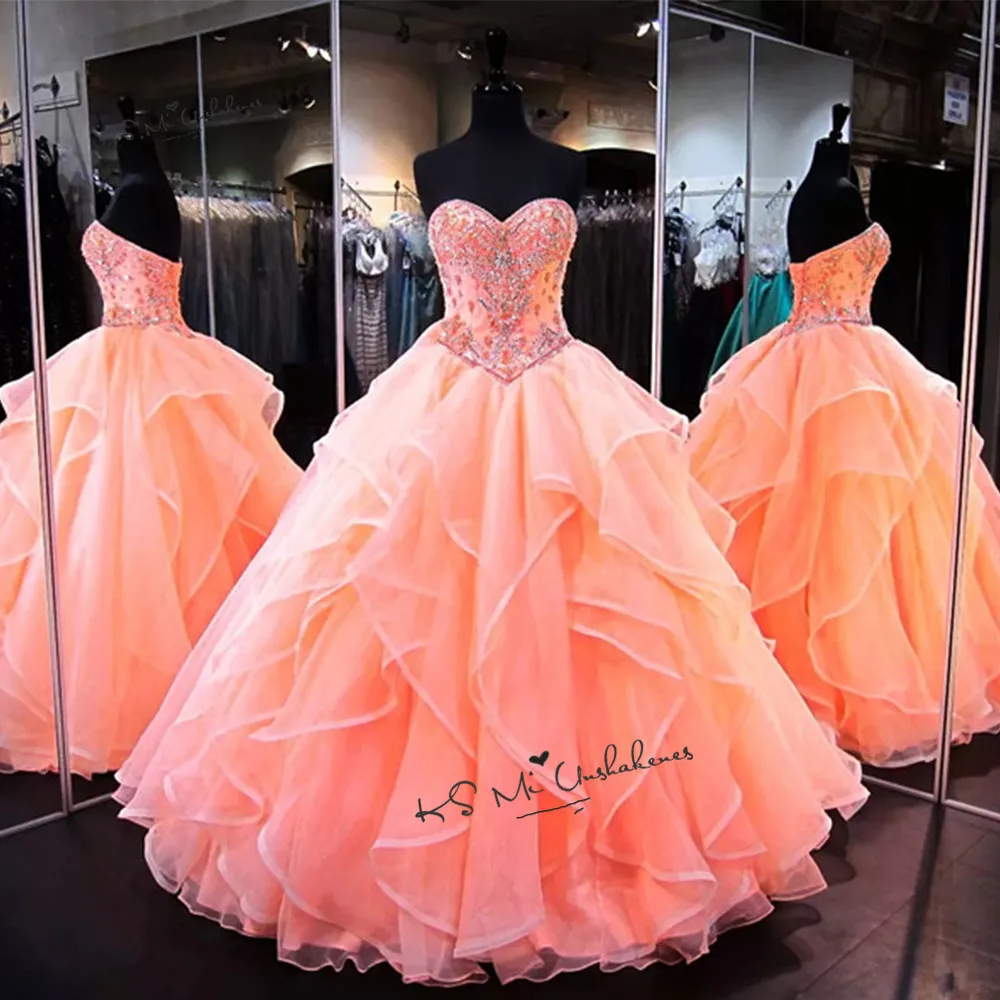 Vestidos de 15 Anos Organza Puffy Ball Gown Quinceanera Dresses 2020 Crystals Debutante Gown Coral Cheap Quinceanera Dress