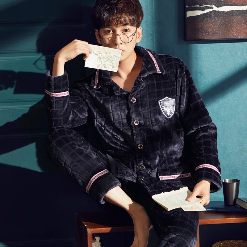 

Winter Thick Warm Soft Flannel Pajama Sets for Men Lovers Couple Long Sleeve Coral Velvet Sleepwear Suit Loungewear Homewear