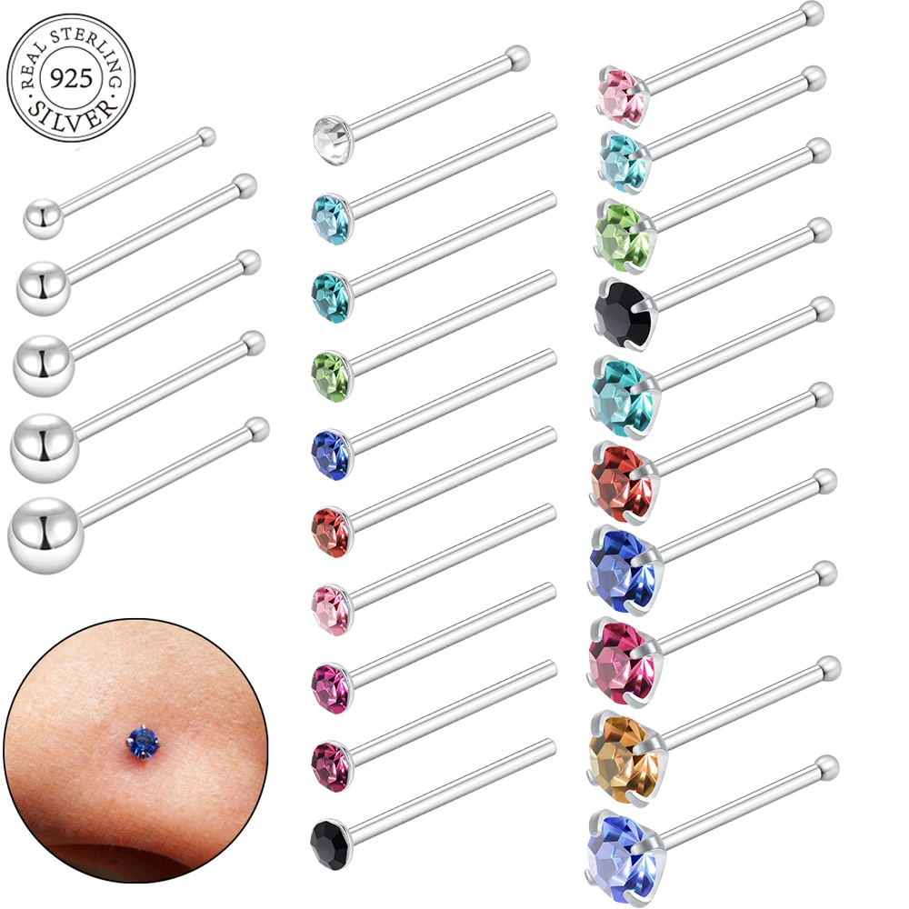 

1PC 925 Sterling Silver Cz Nose Stud Straight Nose Ring Retainer Holder Ball Nose Bone Ring Fashion Body Piercing Jewelry