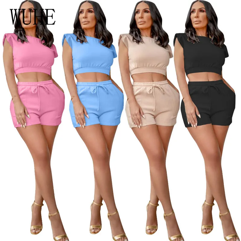 

Повседневные спортивные костюмы YEYA для фитнеса, короткий топ без рукавов с круглым вырезом и карманы, Короткие штаны на шнуровке, спортивны...