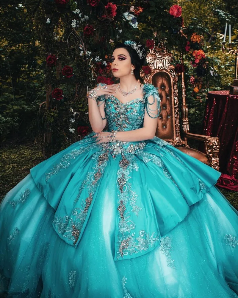 

Beautiful vestidos de 15 años Turquoise Quinceanera Dresses with Tassel Lace Applique Princess Sweet 16 Masquerade Gowns
